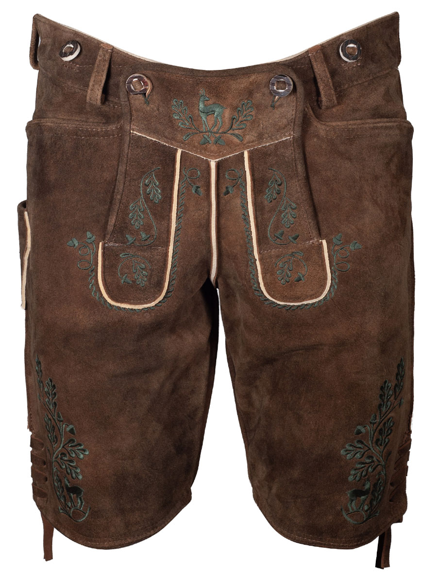 Weinbauer Kurze Lederhose Franz, Ziegenvelour, Bisam, dunkelgrüner Stick #1