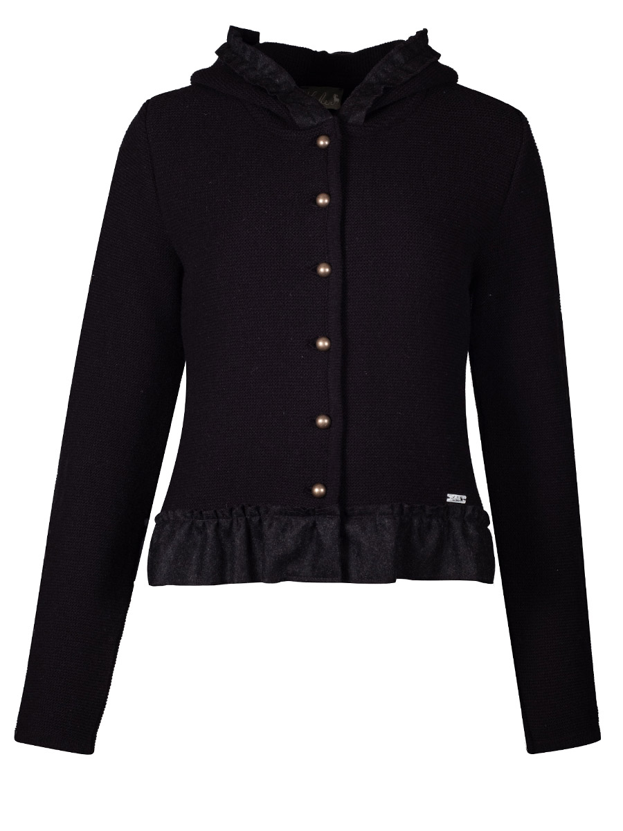hausg'macht Kapuzen-Strickjacke Heike, schwarz, Rüschenborte #1