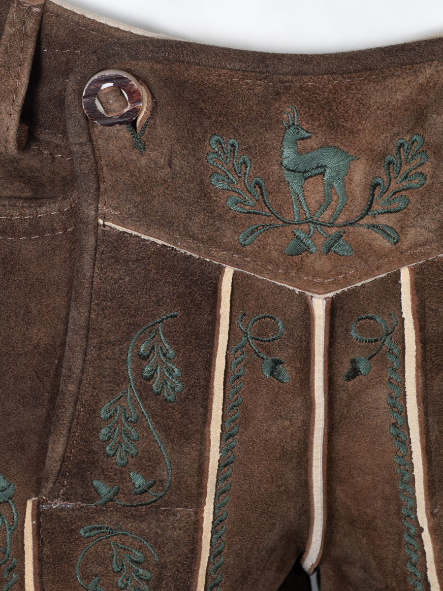 Weinbauer Kurze Lederhose Franz, Ziegenvelour, Bisam, dunkelgrüner Stick #6