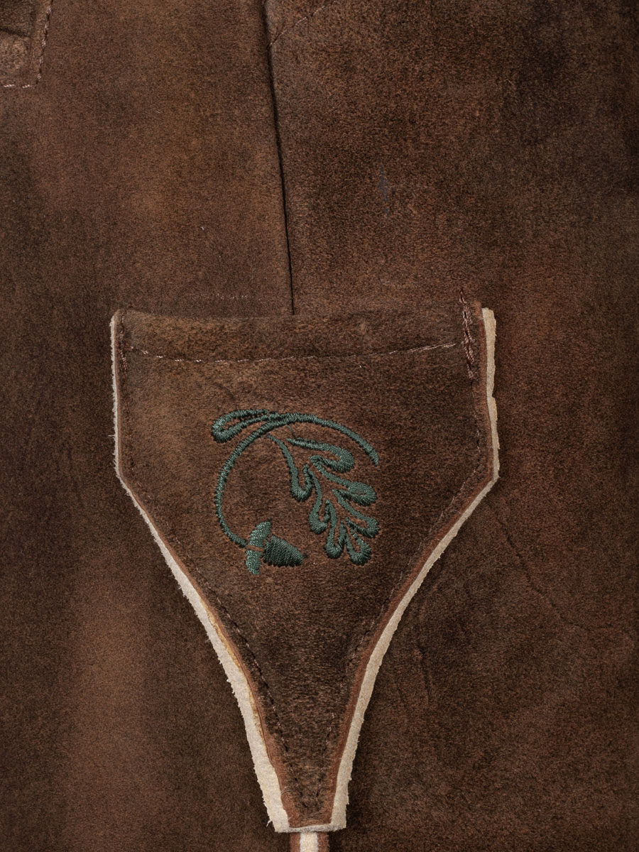 Weinbauer Kurze Lederhose Franz, Ziegenvelour, Bisam, dunkelgrüner Stick #4