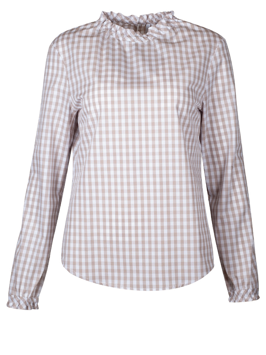Wallmann Bluse weiß-taupe, kariert, Rüschenkragen, Langarm #1