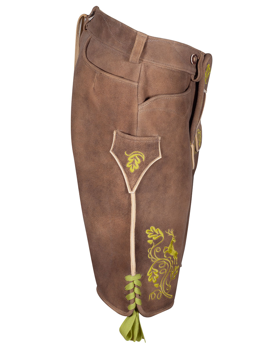 hausg'macht Kurze Lederhose Bayrischzell, Hirsch sämisch, altgold, hellgrüner Stick #2
