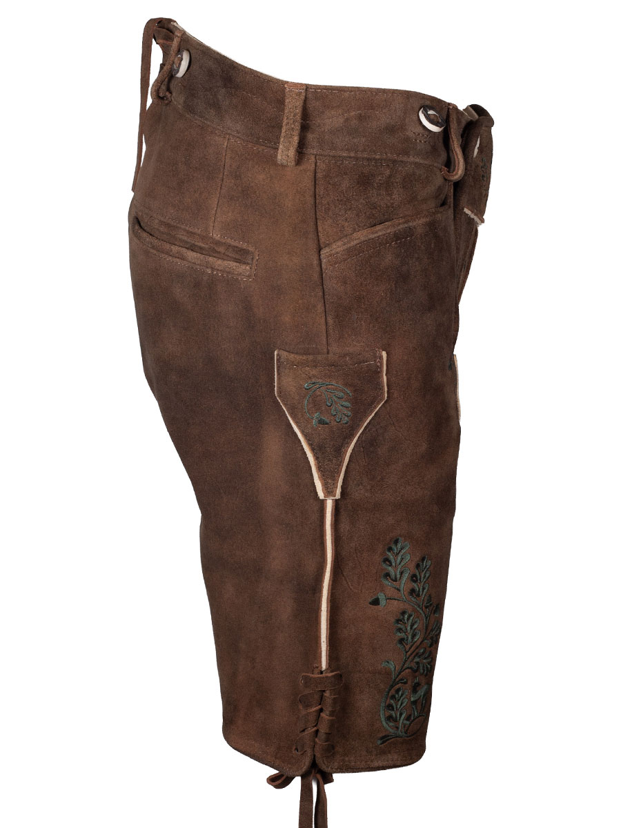 Weinbauer Kurze Lederhose Franz, Ziegenvelour, Bisam, dunkelgrüner Stick #3