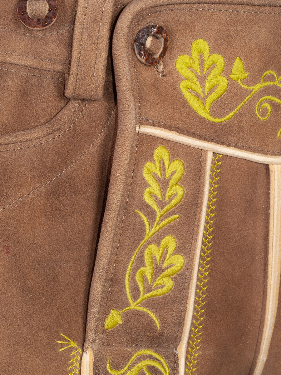 hausg'macht Kurze Lederhose Bayrischzell, Hirsch sämisch, altgold, hellgrüner Stick #5