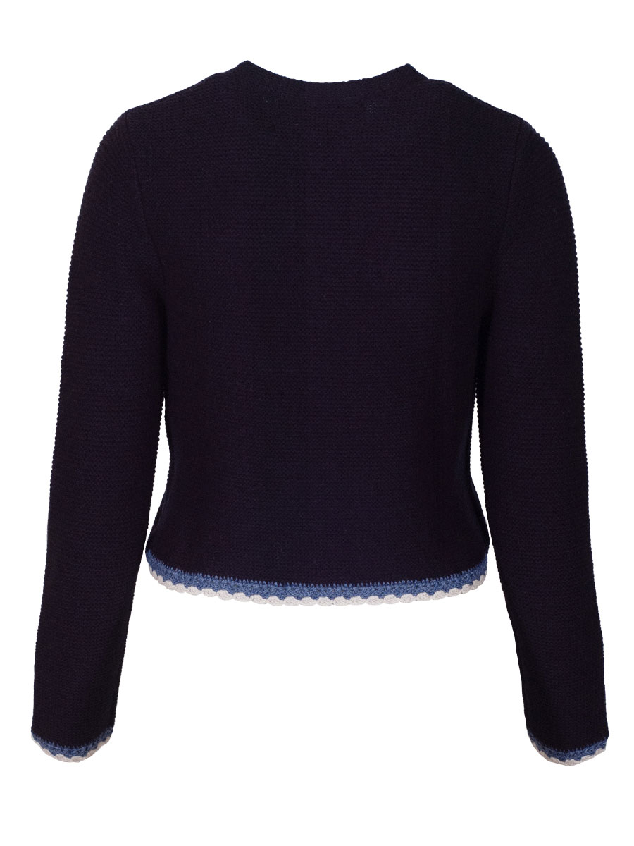 fei scho schee Strickjacke, marineblau, Häkelrand in hellblau-weiß, kurz #2