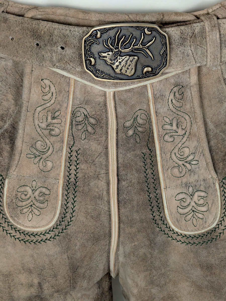 Spieth & Wensky Kurze Lederhose Hirten mit Gürtel, sandholz, grüner Stick #2