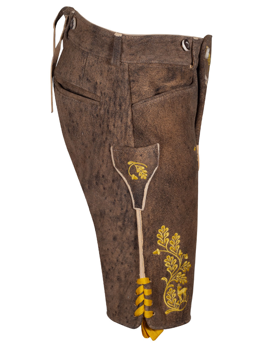 Weinbauer Kurze Lederhose Franz, Rothirsch, stein antik, gelber Stick #2