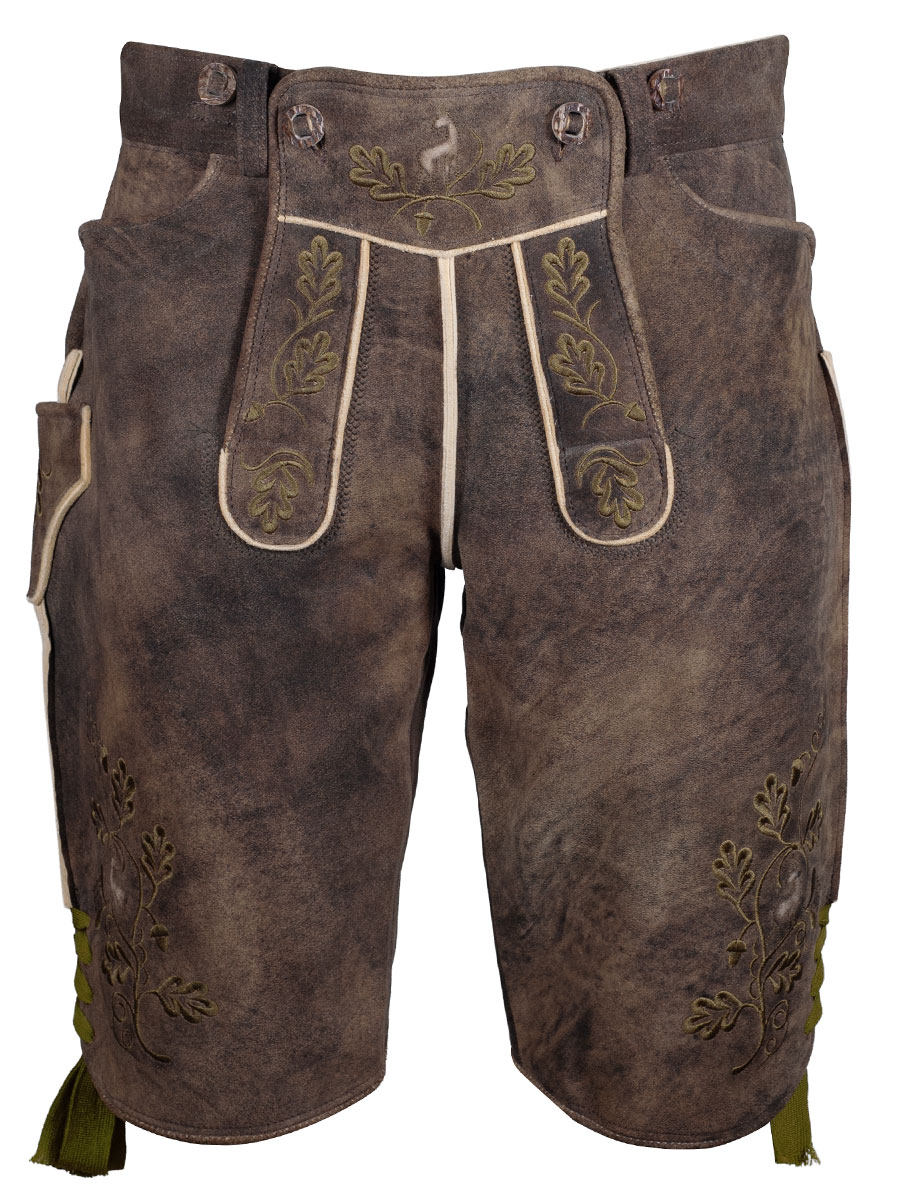 Kurze Lederhose Leogang, Hirsch sämisch, eibe, mittelgrüne Blattstickerei, hochwertig #1
