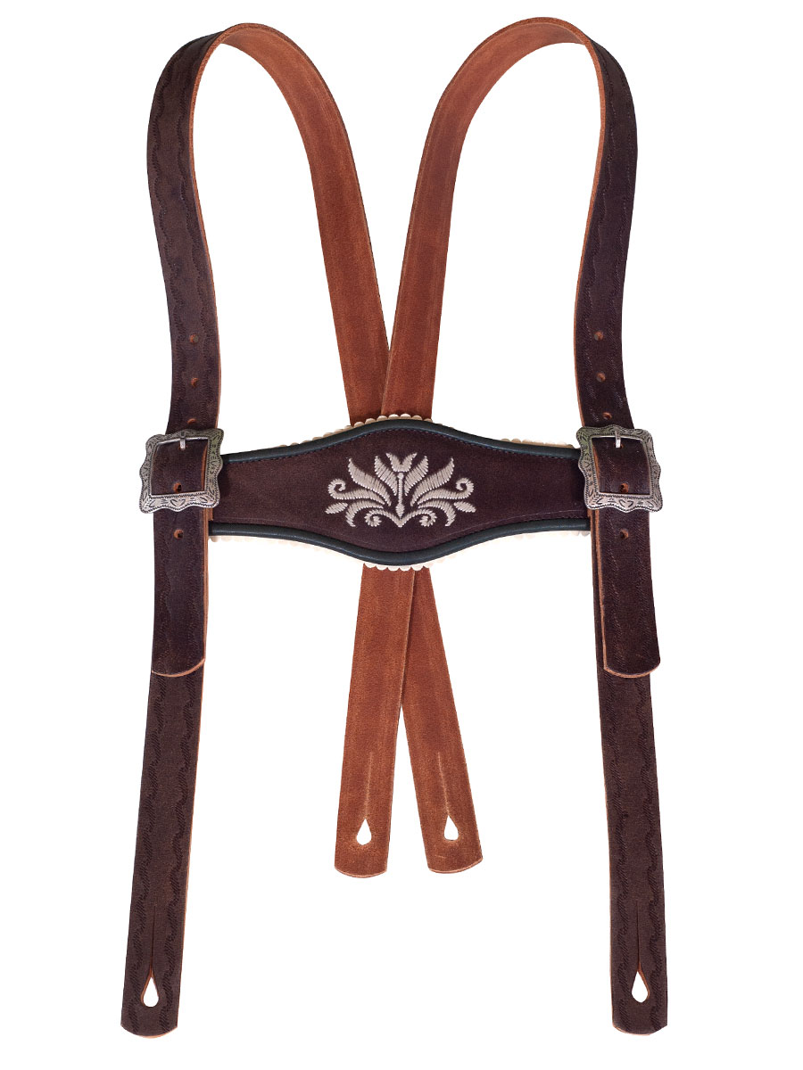 Töpfer Stegträger dunkelbraun, weiße Stickerei #1