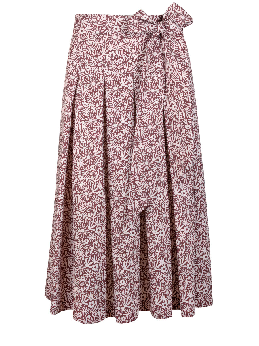 Hiebaum Faltenrock Damen, weinrot, Blumenmuster, Stoffgürtel #1