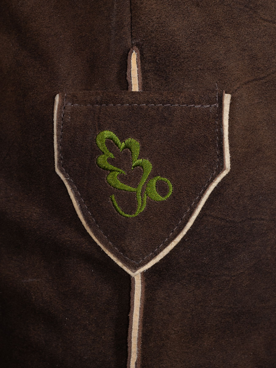 hausg'macht kurze Lederhose Chieming Wildbock, humus antik, hellgrüner Stick #7