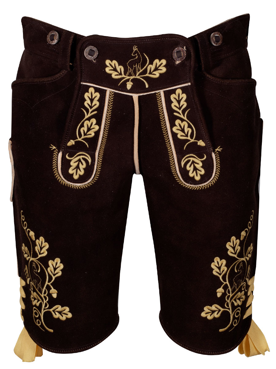 hausg'macht Kurze Lederhose Leogang, Hirsch sämina braun, gelber Stick #1