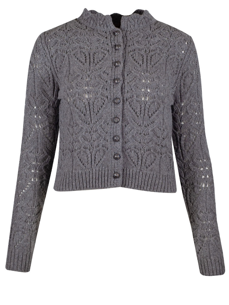 fei scho schee Strickjacke, midgrey, grobes Häkelmuster, kurz #1