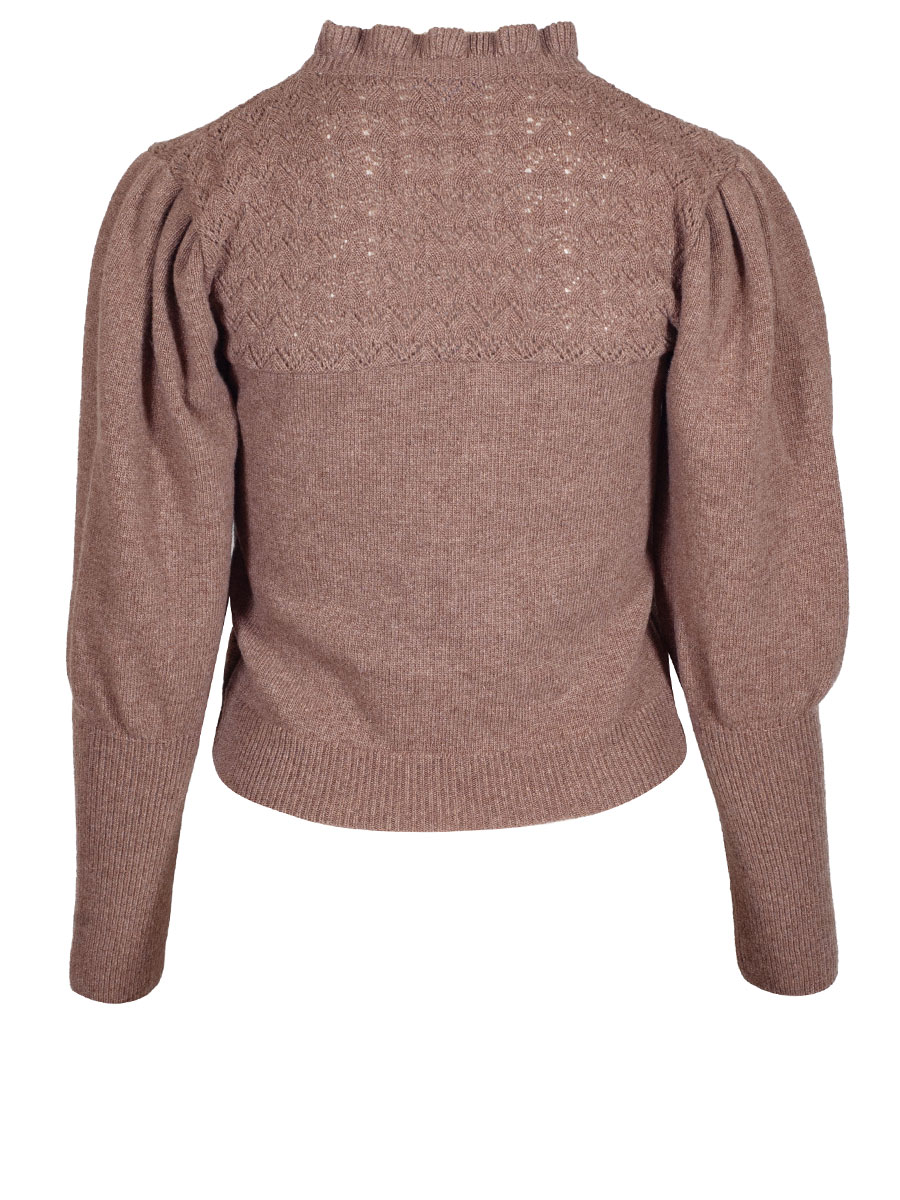 Huber Heda Strickpullover rinde, hellbraun, Trompetenärmel, Rüschenkragen #3