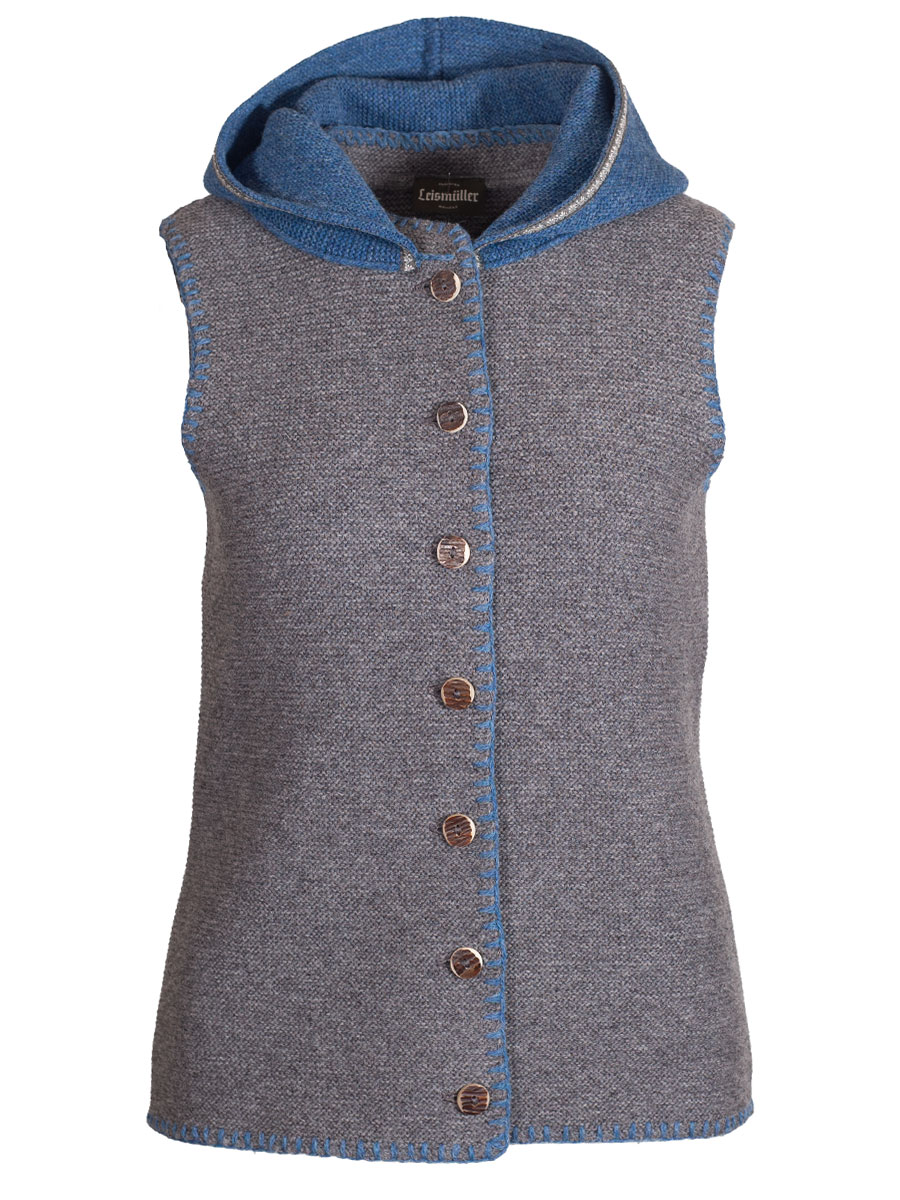 Boos Strickweste grau mit Kapuze,  blau umhäkelt #1