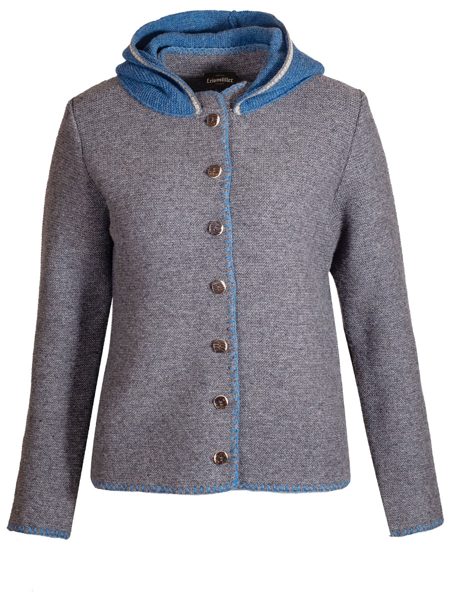 Boos Strickjacke grau mit Kapuze,  blau umhäkelt #1
