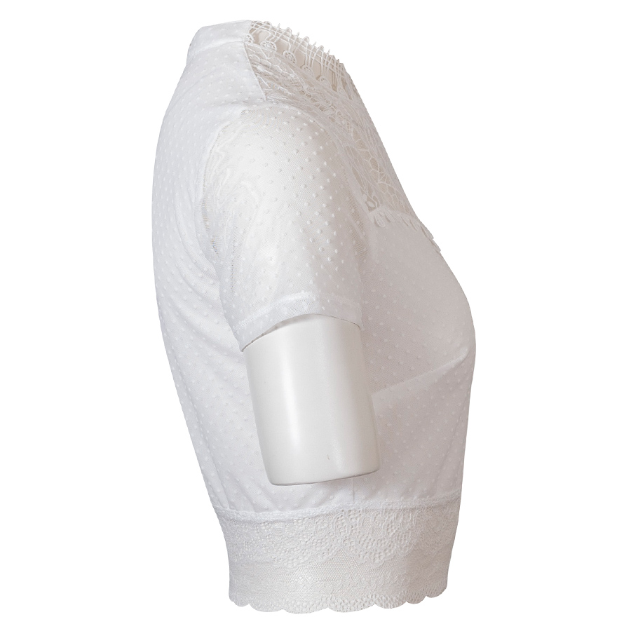 Waldorff Dirndlbluse, weiß, elegant, breiter Spitzenbund, hochgeschlossen, Kurzarm #3