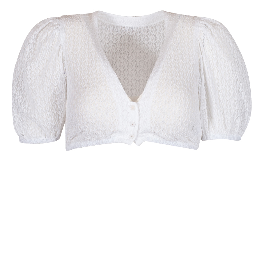 Waldorff Dirndlbluse Paula weiß, V-Ausschnitt, feine Spitze, kurze Puffarme #1