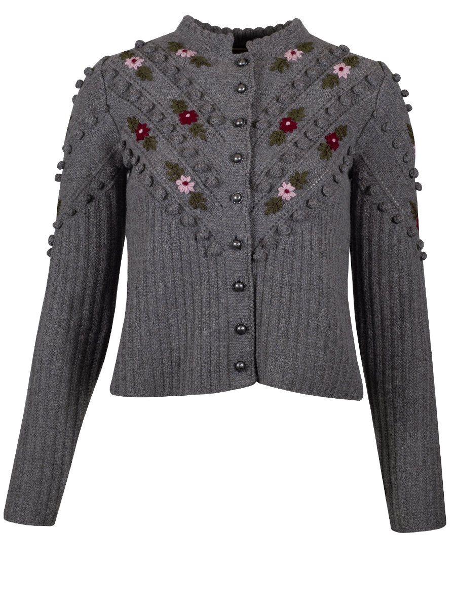fei scho schee Strickjacke midgrey, Blumenstick, Noppenmuster #1