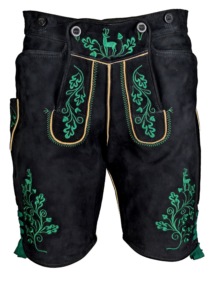 Weinbauer Lederhose Reuth, schwarz, dunkelgrüner Stick #1