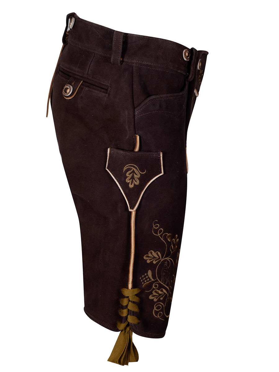 hausg'macht Kurze Lederhose Leogang, Hirsch sämina braun, olivgrüner Stick #2