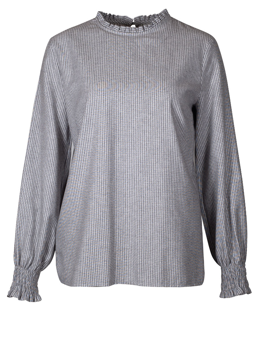 Berwin & Wolff Flanellbluse silbergrau gestreift, weite Arme, Rüschen #1