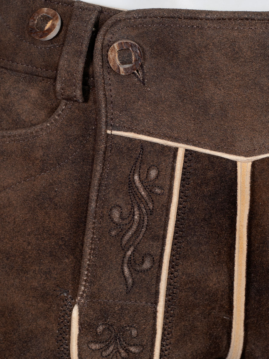 Kurze Lederhose Maximus, zirbel, moosgrüner Stick, sämisch Hirsch #6