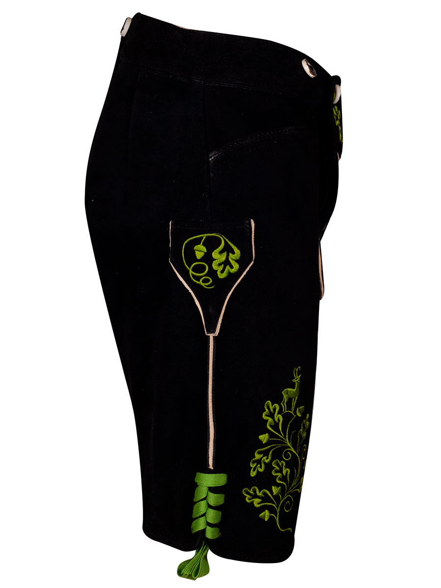 Weinbauer Kurze Lederhose, schwarz, hellgrüner Stick, Ziegenvelour #2
