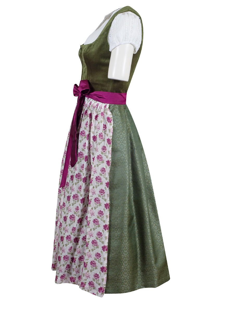 Wenger Baumwolldirndl Claire, oliv, geblümte Schürze, 80lg #3