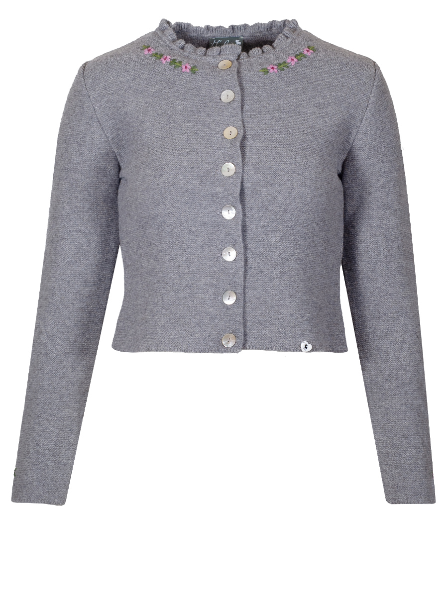 Huber Strickjacke Mila, grau, Blumenstick rosa #1