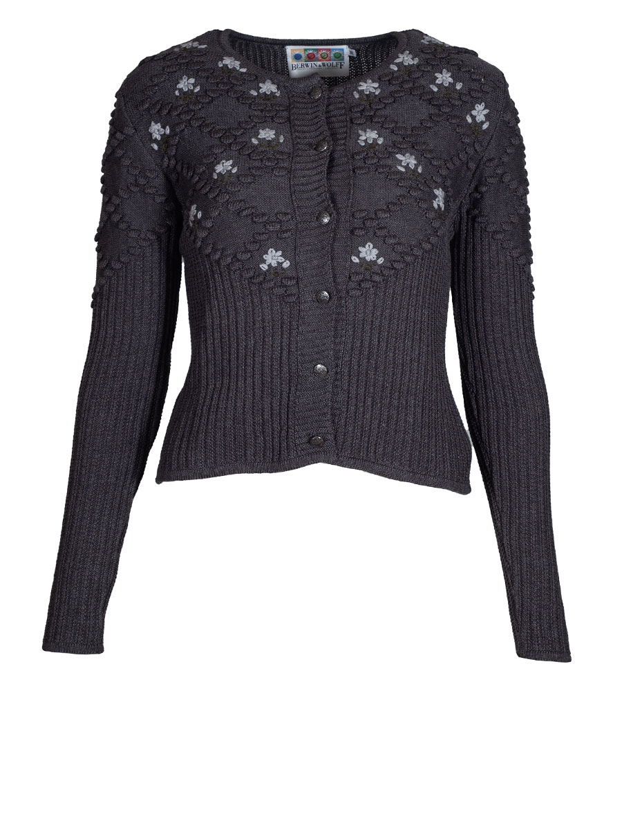 Berwin & Wolff Strickjacke mittelgrau, Blumenstickereien #1