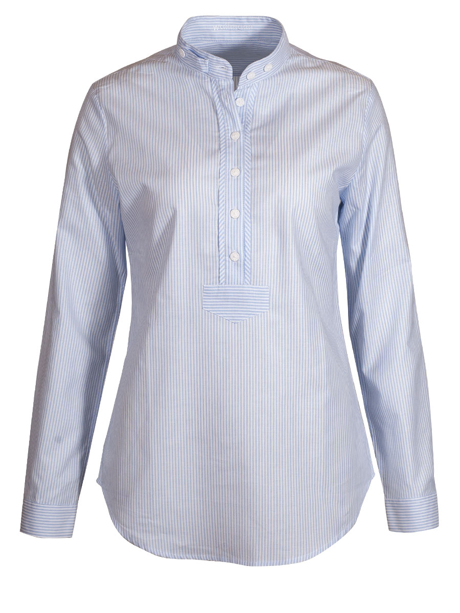 Wallmann Damenbluse, hellblau gestreift, Pfoad, Langarm, Stehkragen #1