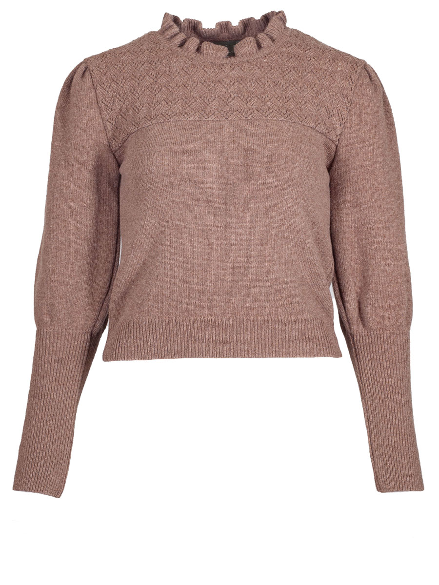 Huber Heda Strickpullover rinde, hellbraun, Trompetenärmel, Rüschenkragen #1