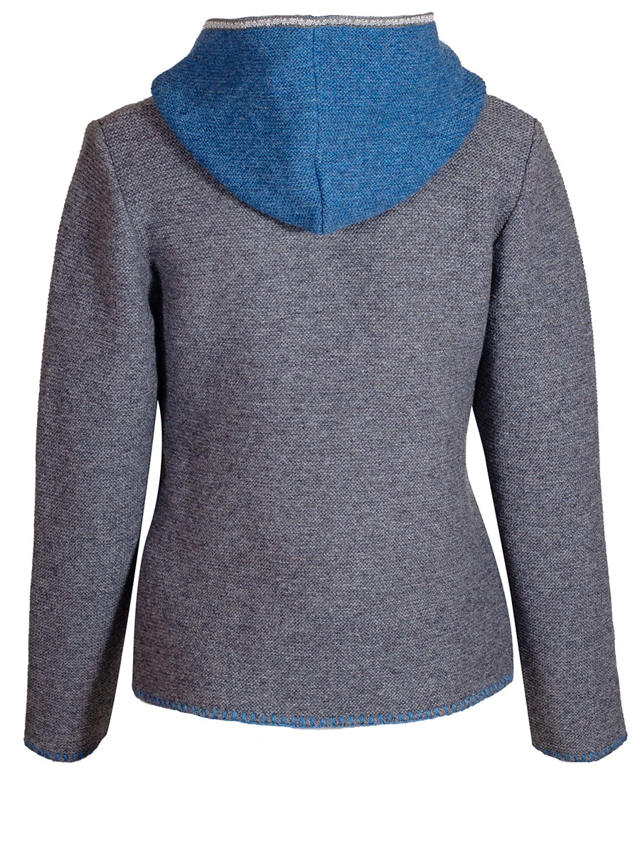 Boos Strickjacke grau mit Kapuze,  blau umhäkelt #3