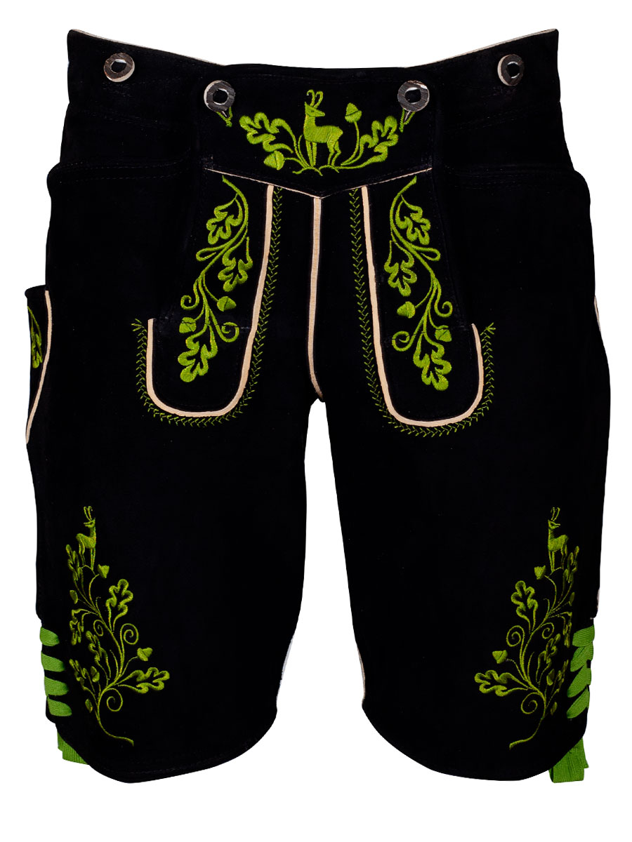 Weinbauer Kurze Lederhose, schwarz, hellgrüner Stick, Ziegenvelour #1