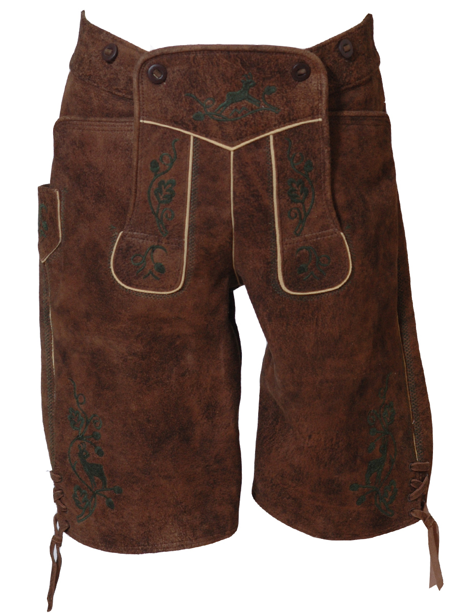 Rohrdorf Kurze Lederhose, Wildbock antik walnuss, dunkelgrüner Stick #1