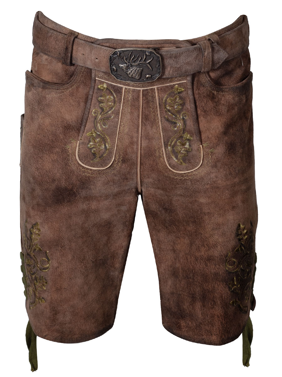 Spieth & Wensky Kurze Lederhose Presley mit Gürtel, mandelbraun, olivgrüner Stick #1