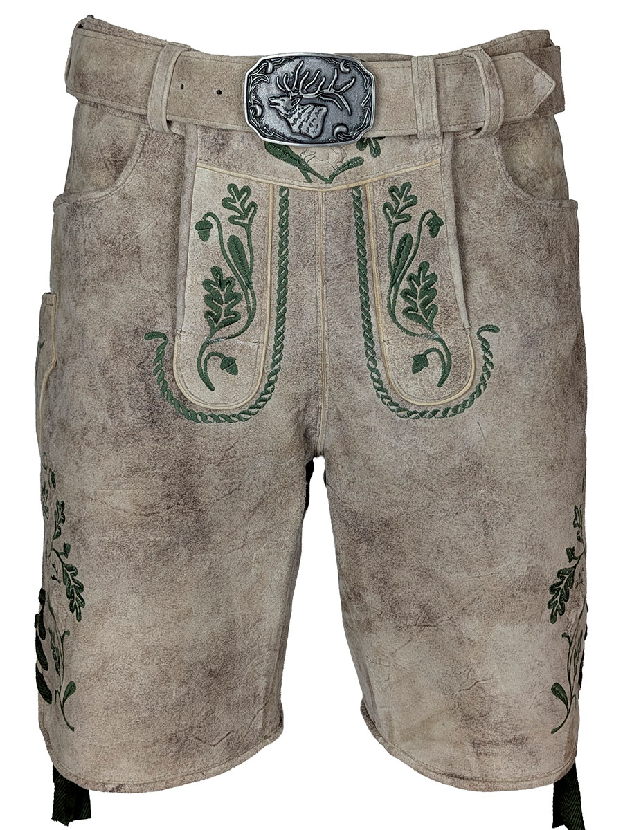 Spieth & Wensky Kurze Lederhose Carvin mit Gürtel, birke, grüner Stick #1