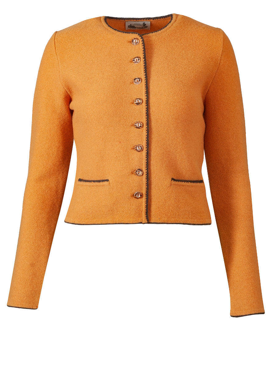 Astrifa Dirndlstrickjacke Finsing, goldgelb, braune Einfassung #1
