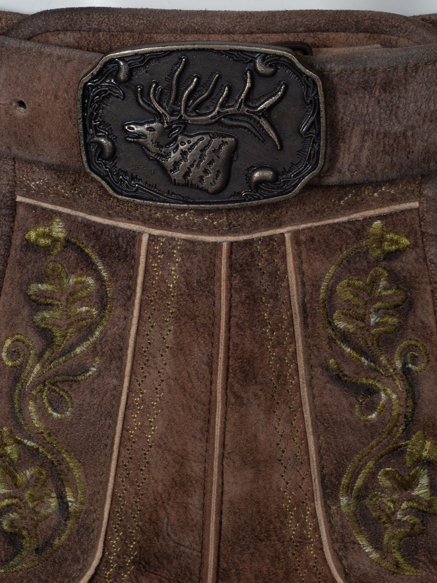 Spieth & Wensky Kurze Lederhose Presley mit Gürtel, mandelbraun, olivgrüner Stick #6