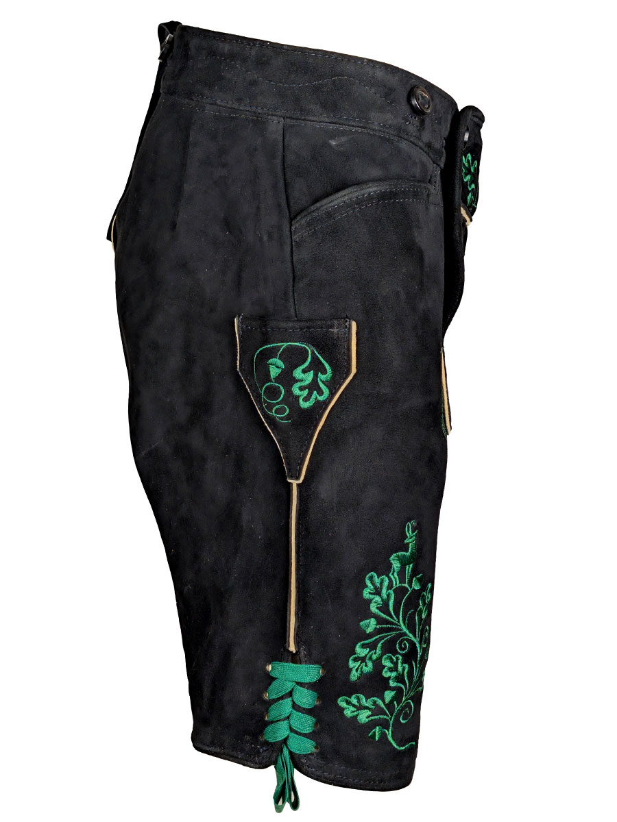 Weinbauer Lederhose Reuth, schwarz, dunkelgrüner Stick #2