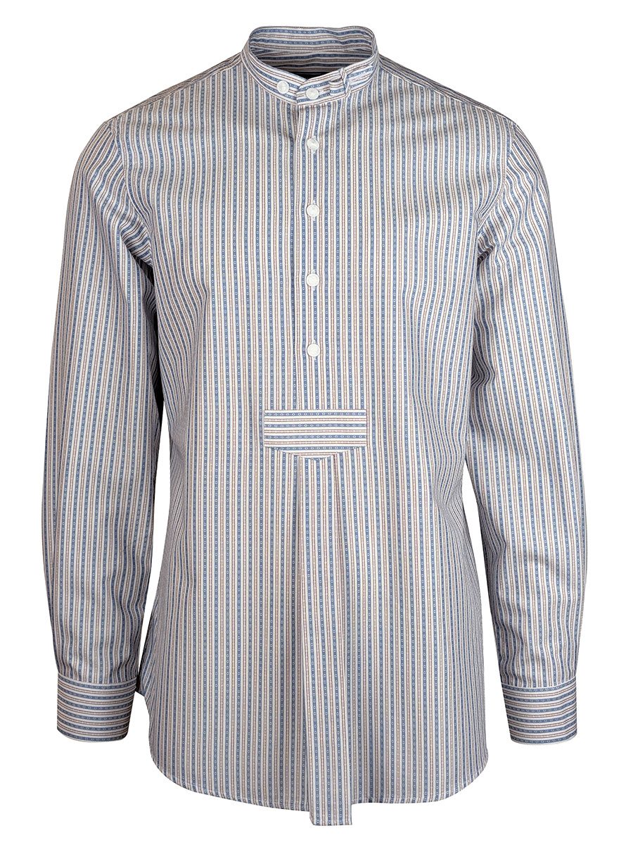 Arzberger Herrenhemd, blau-rot gestreift, Stehkragen, Pfoad, Slim line #1