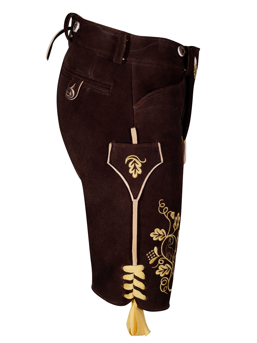 hausg'macht Kurze Lederhose Leogang, Hirsch sämina braun, gelber Stick #2