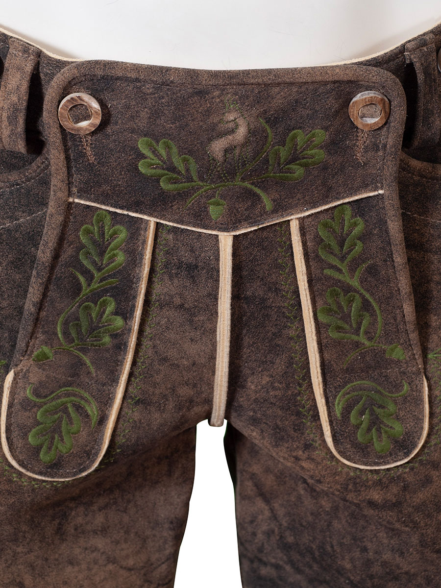 Kurze Lederhose Leogang, Hirsch sämisch, eibe, mittelgrüne Blattstickerei, hochwertig #4