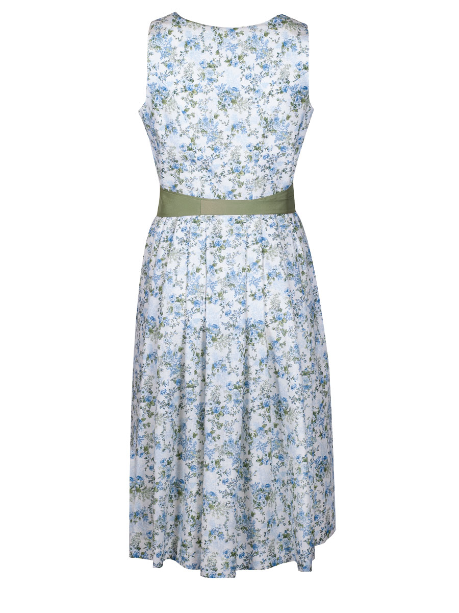 Hiebaum Trägerkleid weiß, blaue Blümchen, grüner Bindegürtel #2