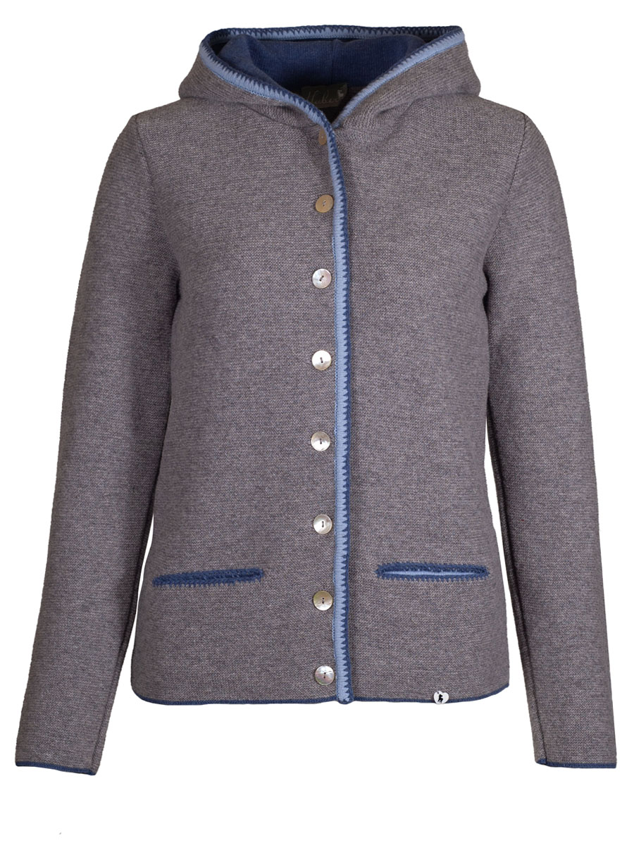 Huber Kapuzen-Strickjacke Erika, grau, Einfassung in Hellblau-Blau #1