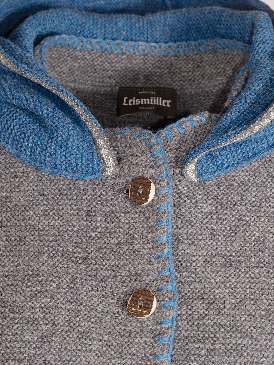 Boos Strickjacke grau mit Kapuze,  blau umhäkelt #2