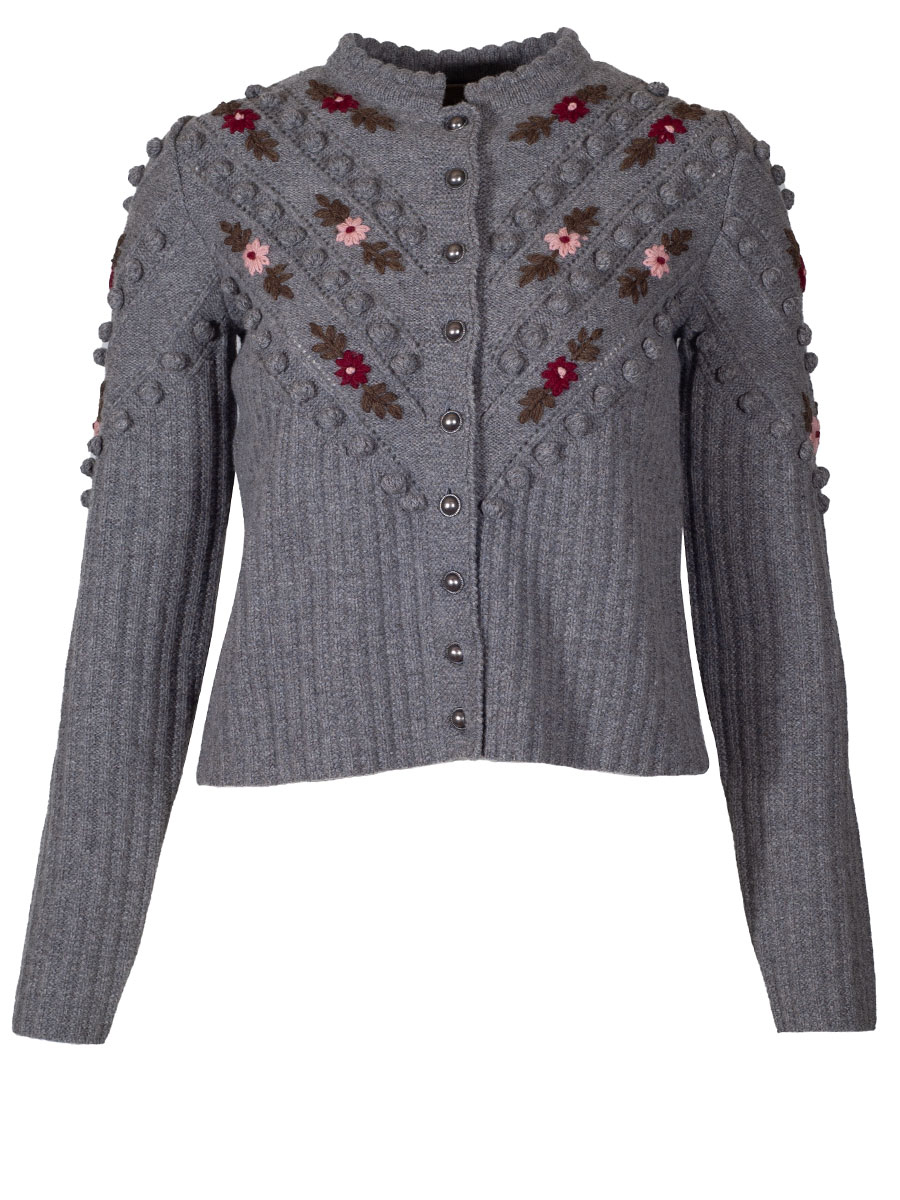 fei scho schee Strickjacke, naturalgrey, Blumenstickerei, Retro #1