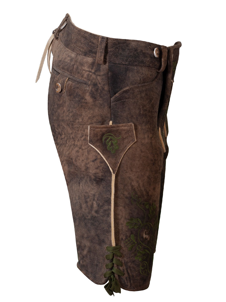Kurze Lederhose Leogang, Hirsch sämisch, eibe, mittelgrüne Blattstickerei, hochwertig #2