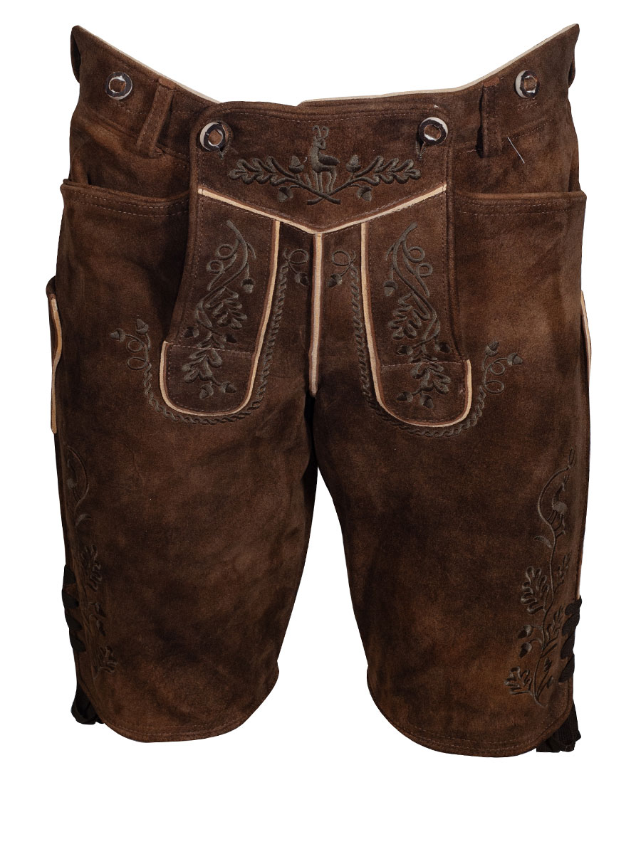 Weinbauer Kurze Lederhose Sepp, Ziegenvelour, bisam, olivgrüner Stick #1